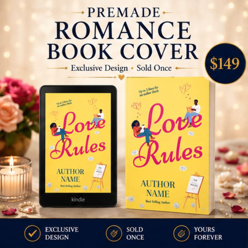 K&ouml;nnte beinhalten: Ein digitaler E-Reader und ein physisches Buch mit gelbem Einband und dem Titel Love Rules in pinker Schreibschrift. Das Cover zeigt Illustrationen von zwei Personen, Herzen und einer Staffelei mit dem Text The Rules. Author Name steht darunter.