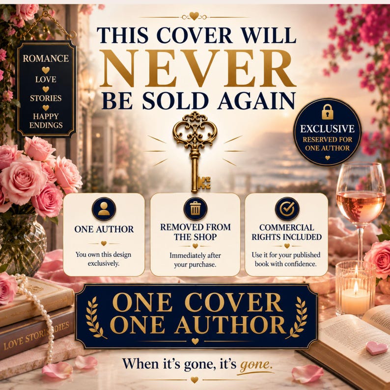 K&ouml;nnte beinhalten: Eine Werbegrafik f&uuml;r ein Buchcover-Design mit einem goldenen Schl&uuml;ssel, rosa Rosen, einem Weinglas und B&uuml;chern. Der Text lautet: THIS COVER WILL NEVER BE SOLD AGAIN, EXCLUSIVE, ONE AUTHOR, REMOVED FROM THE SHOP, COMMERCIAL RIGHTS INCLUDED, ONE COVER ONE AUTHOR.