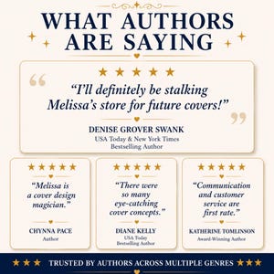 K&ouml;nnte beinhalten: Eine Testimonial-Grafik mit dem Titel WHAT AUTHORS ARE SAYING, die vier Bewertungen mit F&uuml;nf-Sterne-Bewertungen zeigt. Zitate von Denise Grover Swank, Chynna Pace, Diane Kelly und Katherine Tomlinson sind in Dunkelblau auf cremefarbenem Grund.
