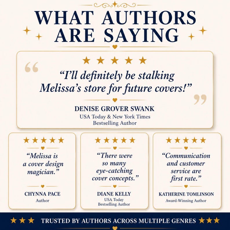 K&ouml;nnte beinhalten: Eine Testimonial-Grafik mit dem Titel WHAT AUTHORS ARE SAYING, die vier Bewertungen mit F&uuml;nf-Sterne-Bewertungen zeigt. Zitate von Denise Grover Swank, Chynna Pace, Diane Kelly und Katherine Tomlinson sind in Dunkelblau auf cremefarbenem Grund.