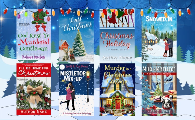 May include: A collage of book covers featuring a winter holiday theme. The covers feature illustrations of snow, Christmas trees, houses, and people. The titles include "God Rest Ye Murdered Gentleman", "Last Christmas", "Christmas Holiday", "Snowed In", "I'll Be Home For Christmas", "Mistletoe Mix-Up", "Murder in a Christmas Cottage", and "Milo & Mistletoe".