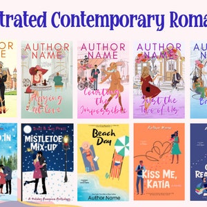 May include: A collage of book covers featuring illustrated contemporary romance novels. The covers feature couples in various settings, including a snowy scene, a cafe, and a beach. The titles include "Better Together", "Playing for Love", "Courting the Impossible", "Just the Two of Us", "The Break-Up Plan", "Snowed In", "Mistletoe Mix-Up", "Beach Day", "Kiss Me, Katia", and "Love on the Reading List".