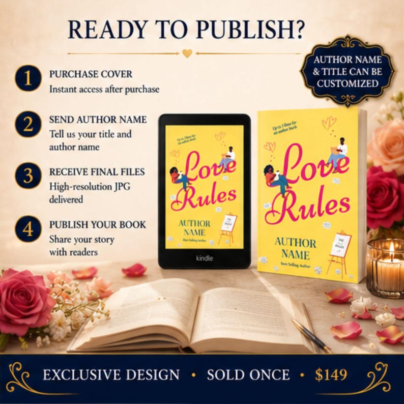 K&ouml;nnte beinhalten: Ein digitaler Buchcover-Design-Service mit einem gelben Buchcover mit dem Titel Love Rules und Illustrationen von Personen, dargestellt auf einem Kindle-Bildschirm und einem physischen Buch, sowie Text, der den vierstufigen Prozess erkl&auml;rt.