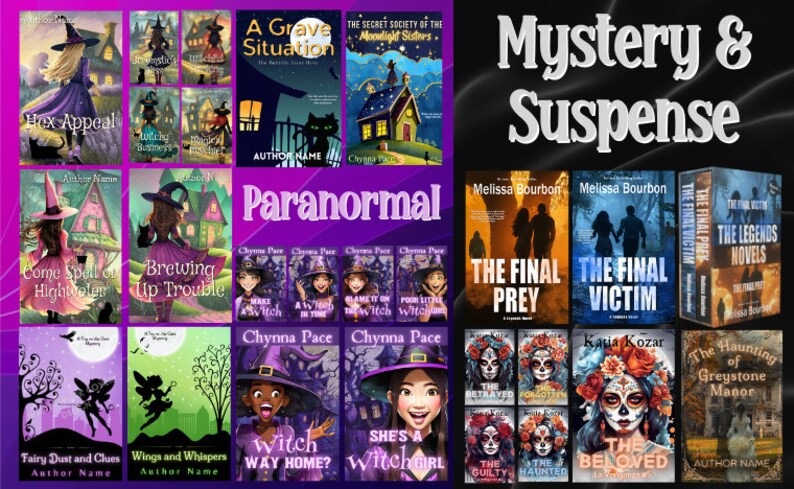 May include: A collage of book covers featuring mystery, suspense, and paranormal themes. The covers feature witches, haunted houses, and other spooky imagery. The text on the covers includes titles like "The Final Prey", "The Final Victim", "Witch Way Home?", and "The Haunting of Greystone Manor".