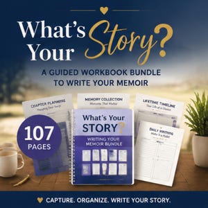 May include: A spiral-bound workbook titled What's Your Story? Writing Your Memoir Bundle, featuring 107 pages. The set includes printed sheets for chapter planning, memory collection, lifetime timelines, and daily writing, all displayed together.