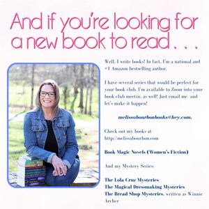 Op de afbeelding: Een vrouw in een blauw denim jack en bril zit op een bank met een stapel boeken. De tekst op de afbeelding luidt "And if you're looking for a new book to read..." en bevat de naam van de auteur, haar e-mailadres en haar website. De boekenseries van de auteur worden vermeld: Book Magic Novels (Women's Fiction), The Lola Cruz Mysteries, The Magical Dressmaking Mysteries en The Bread Shop Mysteries.