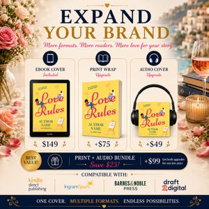 K&ouml;nnte beinhalten: Eine Werbegrafik mit dem Titel EXPAND YOUR BRAND, die drei Buchcover-Serviceoptionen zeigt: ein E-Book-Cover auf einem Tablet, ein gedrucktes Buch und ein Audio-Cover mit Kopfh&ouml;rern. Das Design enth&auml;lt Text, Preise und Logos f&uuml;r Kindle, IngramSpark, Barnes & Noble und Draft2Digital.