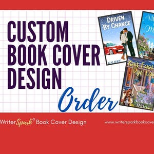 May include: A red and white checkered background with the text "CUSTOM BOOK COVER DESIGN" in purple. Below the text is the word "Order" in blue. Three book covers are shown: "Driven by Chance" by Kalipoe, "Murder in Mystic" and "Knit Fast Dye Last" by Calista Rains.