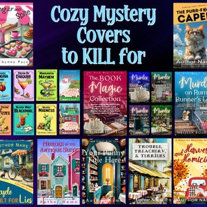 May include: A collage of book covers for cozy mystery novels. The covers feature a variety of themes, including animals, food, and travel. The text on the covers includes titles such as "Love, Lies, and Lousy Eyes", "Sugar and Spite", "My Furry Valentine", "Murder on Rum Runner's Lane", and "Steeped in Deceit".