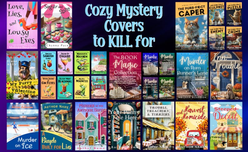May include: A collage of book covers for cozy mystery novels. The covers feature a variety of themes, including animals, food, and travel. The text on the covers includes titles such as "Love, Lies, and Lousy Eyes", "Sugar and Spite", "My Furry Valentine", "Murder on Rum Runner's Lane", and "Steeped in Deceit".