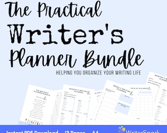 May include: A digital planner bundle for writers, with the title "The Practical Writer's Planner Bundle" and the tagline "Helping you organize your writing life". The bundle includes a monthly writing planner, a weekly writing planner, and a month at a glance planner. The planners are designed to help writers track their progress, set goals, and stay organized.