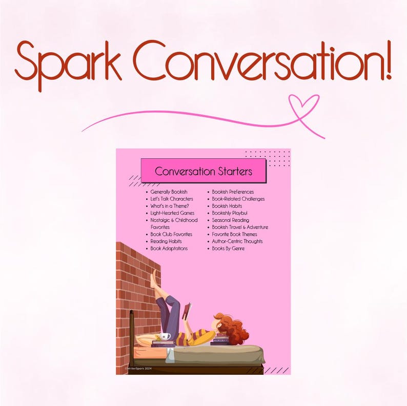 Op de afbeelding: Een roze en witte printbare gespreksstarter met de titel "Conversation Starters" en een lijst met boekgerelateerde gespreksonderwerpen. De pagina bevat een cartoonillustratie van een persoon die een boek leest op een bed.