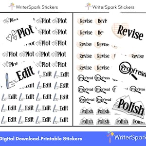 May include: A set of printable stickers for writers, featuring various stages of the writing process. The stickers include "Plot", "Edit", "Revise", "Proofread", and "Polish".