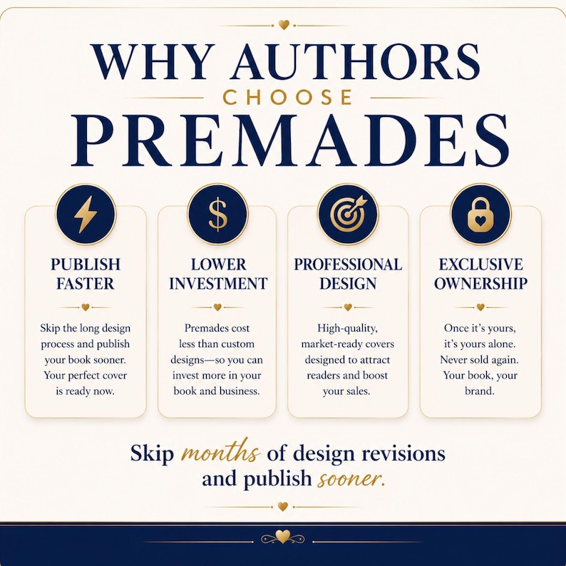 K&ouml;nnte beinhalten: Eine Infografik mit dem Titel WHY AUTHORS CHOOSE PREMADES mit vier Spalten, die Symbole f&uuml;r einen Blitz, ein Dollarzeichen, eine Zielscheibe und ein Schloss enthalten. Jede Spalte listet Vorteile wie PUBLISH FASTER, LOWER INVESTMENT, PROFESSIONAL DESIGN und EXCLUSIVE OWNERSHIP auf.