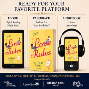 K&ouml;nnte beinhalten: Eine Werbegrafik mit dem Titel READY FOR YOUR FAVORITE PLATFORM zeigt das Buch Love Rules in drei Formaten: als E-Book auf einem Kindle, als Taschenbuch und als H&ouml;rbuch auf einem Smartphone mit Kopfh&ouml;rern. Die Logos von Kindle Direct Publishing, IngramSpark, Barnes & Noble Press und Draft2digital sind unten abgebildet.