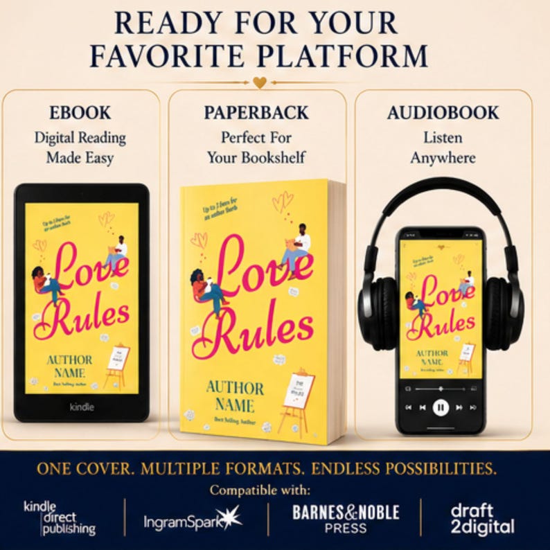K&ouml;nnte beinhalten: Eine Werbegrafik mit dem Titel READY FOR YOUR FAVORITE PLATFORM zeigt das Buch Love Rules in drei Formaten: als E-Book auf einem Kindle, als Taschenbuch und als H&ouml;rbuch auf einem Smartphone mit Kopfh&ouml;rern. Die Logos von Kindle Direct Publishing, IngramSpark, Barnes & Noble Press und Draft2digital sind unten abgebildet.