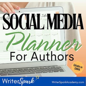 May include: A laptop computer screen displaying a social media planner for authors. The planner is a calendar with boxes for each day of the month. The text "Social Media Planner for Authors" is displayed in black text on a white background. The text "Editable on CANVA" is displayed in white text on a green background.