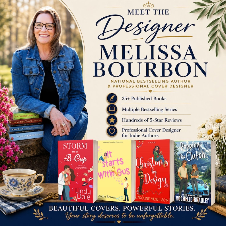 K&ouml;nnte beinhalten: Eine Werbegrafik mit der Autorin Melissa Bourbon, dem Text Meet the Designer und vier Buchcovern mit den Titeln Storm in a B-Cup, It Starts With Gus, Christmas by Design und Popping the Clutch, erg&auml;nzt durch eine Teetasse und Untertasse.