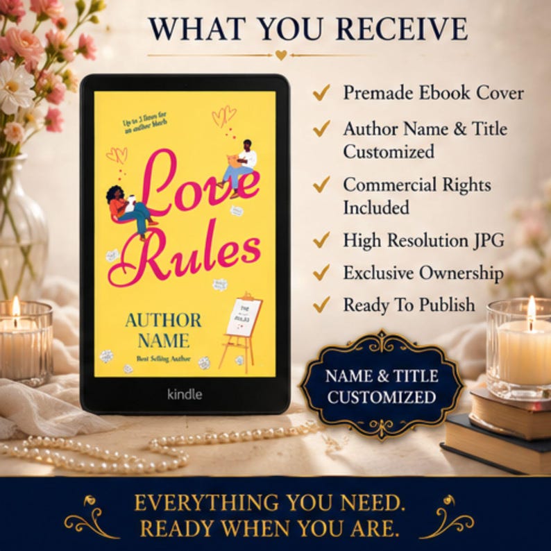 K&ouml;nnte beinhalten: Ein digitaler E-Reader mit einem gelben Buchcover namens Love Rules und Illustrationen von zwei Personen. Der Text listet Funktionen auf, darunter ein vorgefertigtes E-Book-Cover, personalisierter Autorenname und Titel, kommerzielle Rechte, hochaufl&ouml;sendes JPG, exklusives Eigentum und Ver&ouml;ffentlichungsbereitschaft.
