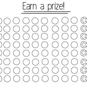May include: Black and white printable chart with the text "Earn a prize!" at the top. The chart has 5 rows of 10 circles, with a star in the rightmost column of each row.