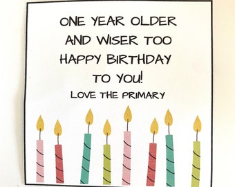 May include: A birthday card with the text "One year older and wiser too Happy birthday to you! Love the Primary" and seven colorful candles with gold flames.
