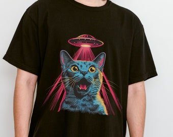 T-shirt graphique tendance OVNI drôle de chat rétro, chemise douce style vintage cool OVNI extraterrestre pour les amoureux des chats, cadeau pour petit ami, papa de chat