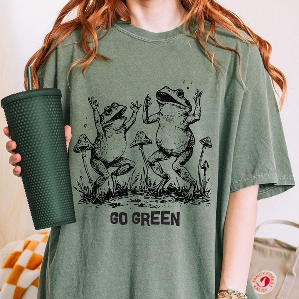 Vintage Dancing Frogs Go Green Graphic T-Shirt, Earth Awareness Shirt, Oversized Comfort Colors, Cottagecore Tee, Gift For Her, Earth Lover