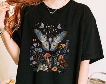 Vintage Moth Butterfly Wildflowers Shirt, Dark Academia Aesthetic Soft Tee, Goblincore Clothing, Cottagecore Boho Nature Lover Gift For Her