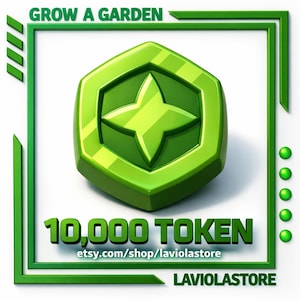 Może przedstawiać: Żywy zielony żeton z wzorem rozbłysku gwiazdy na białym tle. Żeton otoczony jest zieloną ramką z napisem "GROW A GARDEN" u góry i "10,000 TOKEN" u dołu. Widoczny jest również adres URL sklepu Etsy.