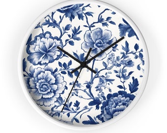 Blue and White Chinoiserie  Floral Wall Clock