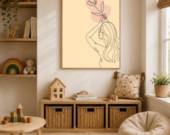 Minimalistische Line Art Frau mit Rose Print | Boho feminine Wandkunst | Abstrakte One Line Zeichnung | Neutral Beige Modernes Dekor | Digitaler Download