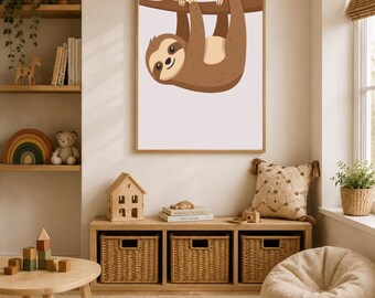 Niedliches Faultier Kinderzimmer Poster | Faultier Wandkunst | Neutrales Dschungel-Kinderzimmer-Dekor | Baby Tier Printable | Kinderzimmer Poster