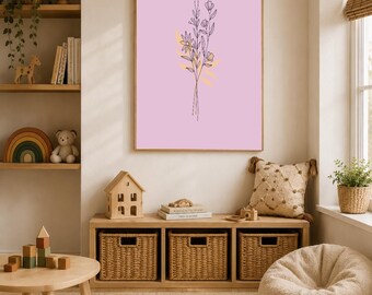 Lavendel Botanisches Kinderzimmer Poster | Minimalistische Blumenzeichnung | Boho Kinderzimmer Dekor | Poster mit zart lila Blumen | Digital nach unten