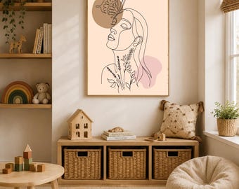 Abstrakte Schmetterling Frau Linie Kunstdruck | Minimalistische feminine Wanddekoration | Neutrale Boho Gesichts Illustration | Moderne One Line Zeichnung | Digital