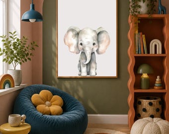 Baby Elefant Wandbild Aquarell Poster | Neutrale Safari Wandkunst für moderne Baby Zimmer