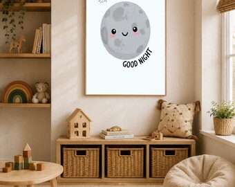 Süße Mond-Kinderzimmer-Wandkunst | Gute Nacht Mond Poster | Kawaii Himmlische Kinderzimmer Dekoration | Babyzimmer Wand Kunst | Neutrales Kinderzimmer Poster