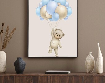 Weiches Blau Kinderzimmer Dekor | Luxus Babyzimmer Poster | Minimalistisches Teddy Bär Kunstwerk