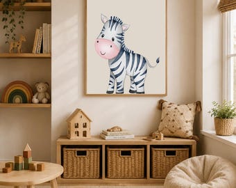 Niedliches Zebra Wandbild | Safari Tier Wand Kunst | Neutrales Dschungel-Kinderzimmer-Dekor | Baby Zebra Printable | Kinderzimmer Poster