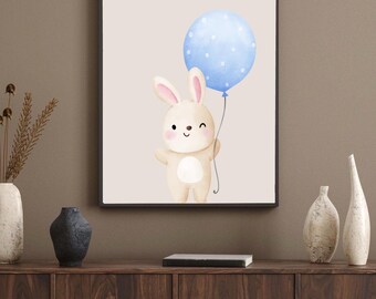 Neutraler Hase mit Luftballon als Deko für das Kinderzimmer, Babyzimmer Dekor (Digitaler Download)