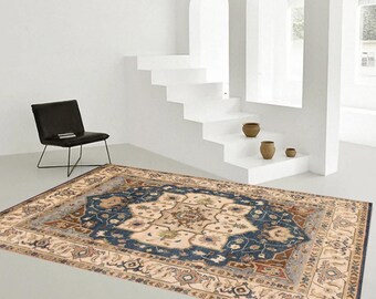 9x12 Navy Blue Cream Vintage Rug, Oversize Vintage Rug, Large Area Rug, 9x12 Rug, Handmade Wool Rug, 9x12 Area Rug, Vintage Rug 9x12,Antique