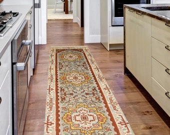 2x9 Vintage Runner, 2x9 Silver & Red Vintage Runner Rug, 2x9, Wool Handmade Turkey, 2x9 Runner Rug, Vintage Runner 2x9, Rug For Hallway 60s