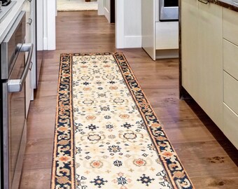 2x10 Excellent Vintage Runner Rug, 2x10 Vintage Runner, 2x10 Runner, Wool Handmade Turkey, 2x10 Runner Rug, Cream Blue, 2x10 Turkish Runner