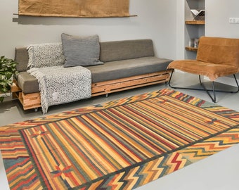 8x10 Area Rug, 8x10 Yellow Dark Green Kilim Rug, Oversize Kilim Rug, Large Area Rug, Wool Handmade Jute Kilim, Kilim Rug 8x10, Mid Century