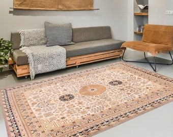 8x10 Ivory Retro Turkish Rug- 8x10 Oversize Turkish Rug- Large Area Rug- Aesthetic Handmade Wool Rug- 8x10 Rugs- Ivory Brown Retro Rug- 59s