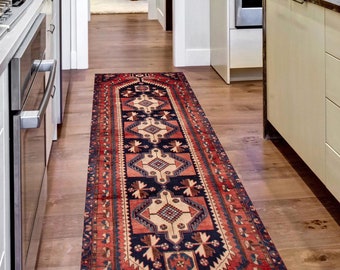 3x9 Red Navy Blue Vintage Runner Rug 3x9 Vintage Runner 3x9 Rug Narrow Handmade Wool Rug 3x9 Runner Rug Oriental Style Vintage Runner 3x9