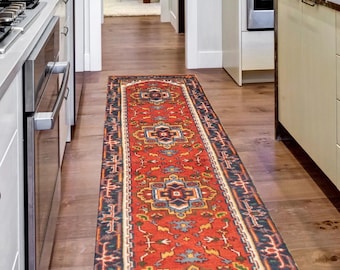 2x10 Red Navy Blue Vintage Runner Rug, 2x10 Vintage Runner, 2x10 Rug, Handmade Wool Aesthetic, 2x10 Runner Rug, 2x10 Turkish Runner, Antique
