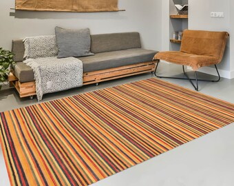 8x10 Area Rug, 8x10 Green Orange Striped Kilim Rug, Oversize Kilim Rug, Large Area Rug, 8x10 Kilim Rug, Modern Striped Decor, Kilim Rug 8x10