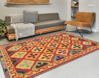7x10 Dark Red With Orange Traditional Handknotted Kilim Rug