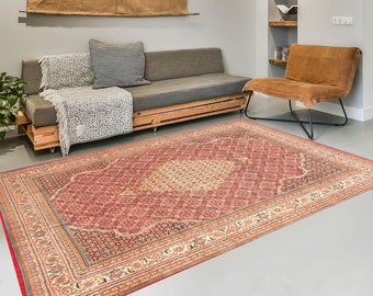 10x13 Area Rug, 10x13 Cream & Red Vintage Rug, Oversize Vintage Rug, Large Area Rug, 10x13 Rugs, Aesthetic Handmade Rug, Vintage Rug 10x13