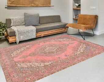 8x11 Area Rug, 8x11 Salmon Pink Retro Vintage Rug, Oversize Vintage Rug, Large Area Rug, 8x11 Rug, Aesthetic Handmade Rug, Vintage Rug 8x11